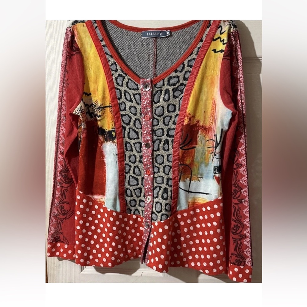 Lulu H Paris Top Women XL Button Up Boho Hippie Psychedelic Print Long Sleeve